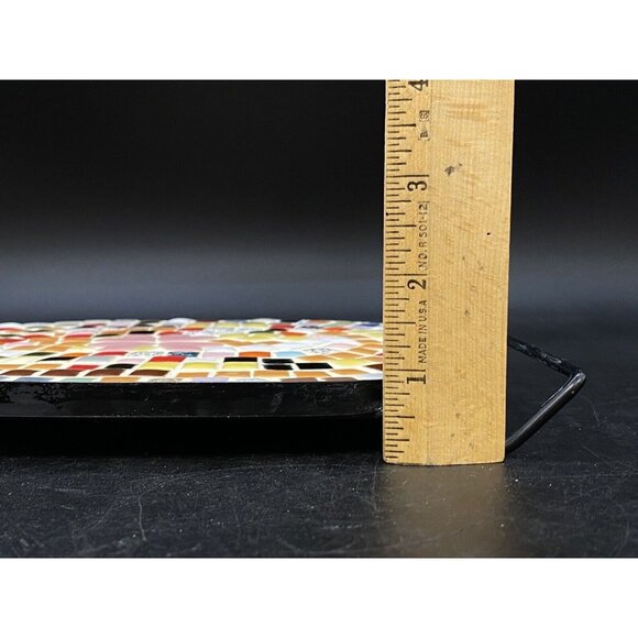 Mid Century Mosaic Tile Oval Trivet Multicolor Pink Hearts Black Metal Handles - Picture 9 of 14